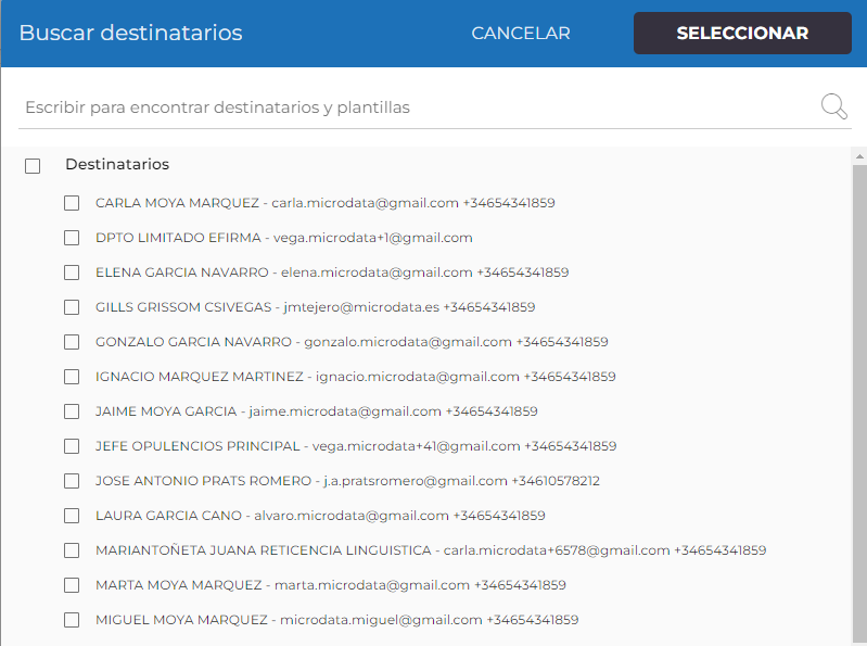 seleccionar destinatarios efirma GO buscar destinatarios firma digital